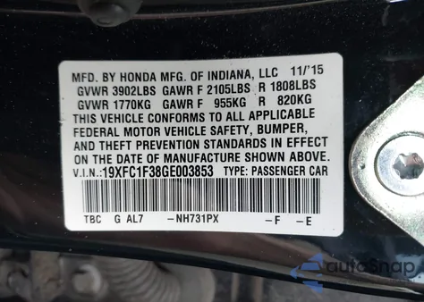 2016 Honda Civic Ex-T z USA, uszkodzony, nr VIN 19XFC1F38GE003853